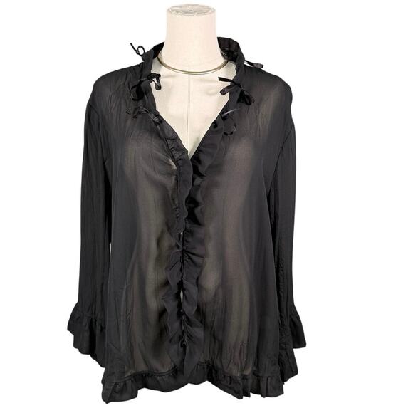 Jaipur Black Sheer Ruffle Tie-Front Blouse | Romantic Goth Boho Top | Size XL - Picture 2 of 13
